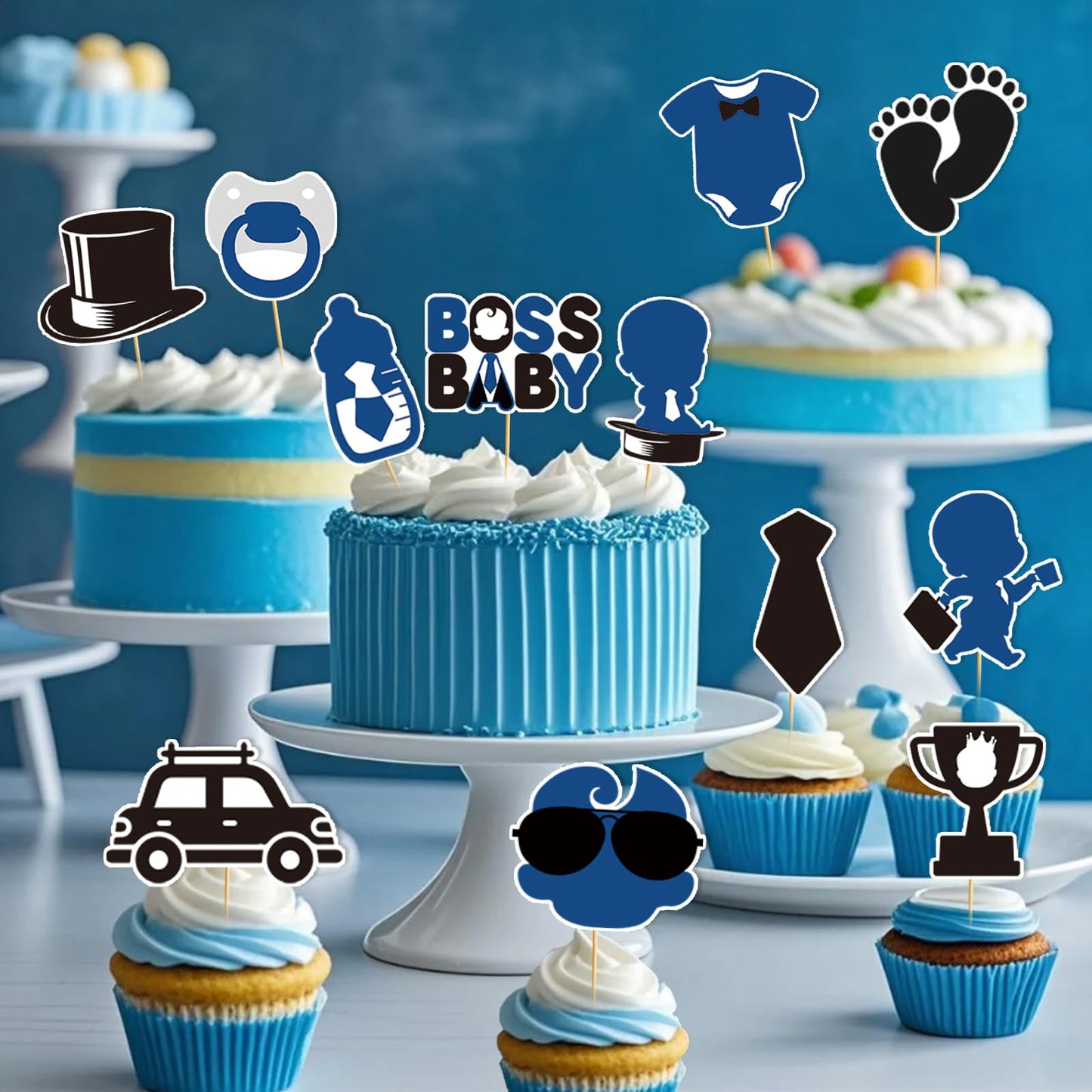 24pcs Baby Boy Cake Topper Baby Shower Cake Decorations Boss Party Decorations Boys Gender Reveal Party Decorations Birthday Party Supplies