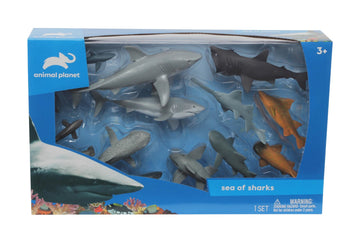 Animal Planet Sea of Sharks Playset - 14 Piece Shark Figure Set Featuring Great White, Hammerhead, Megamouth & More for Kids Ages 3+