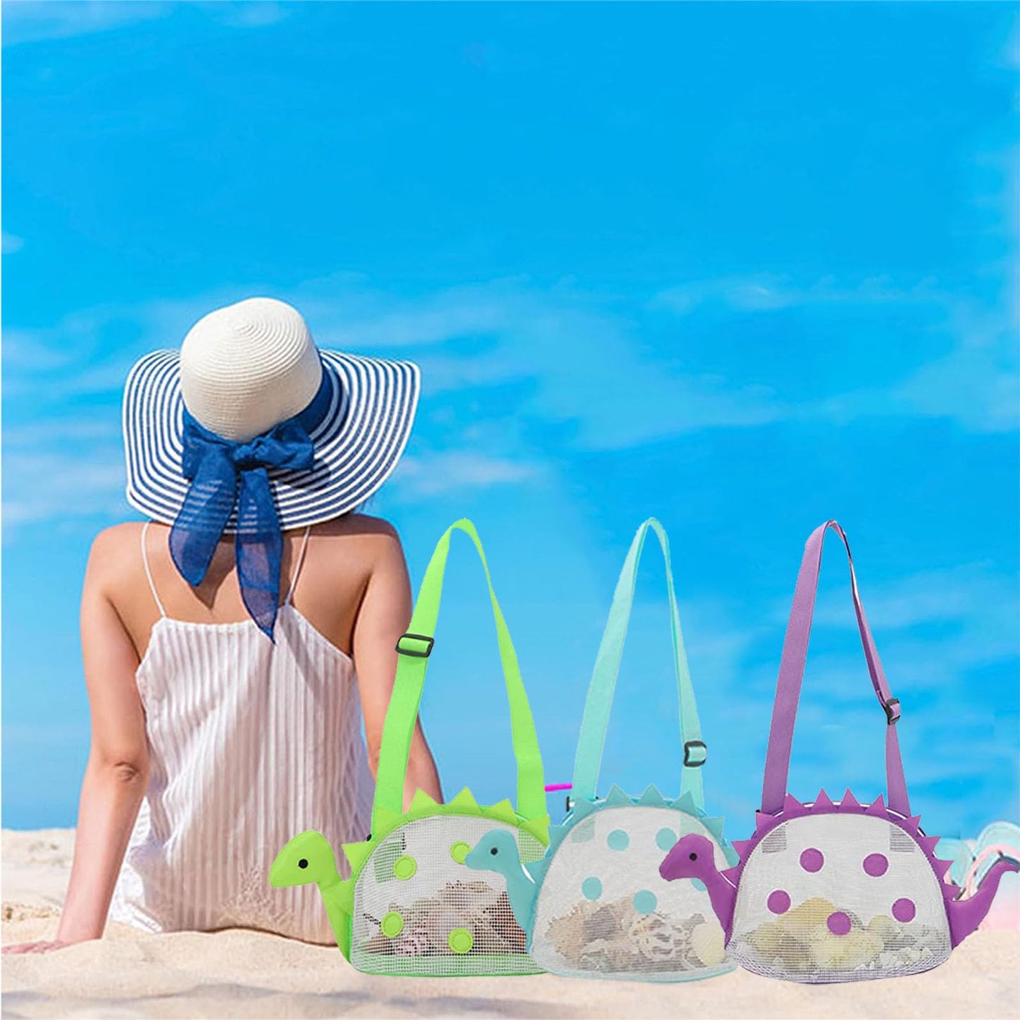 AUONY Beach Toy Mesh Beach Bag Kids Shell Bag Dinosaur Beach Sand Toy Totes for Holding Shells Beach Toys Sand Toys Swimming Accessories for Boys
