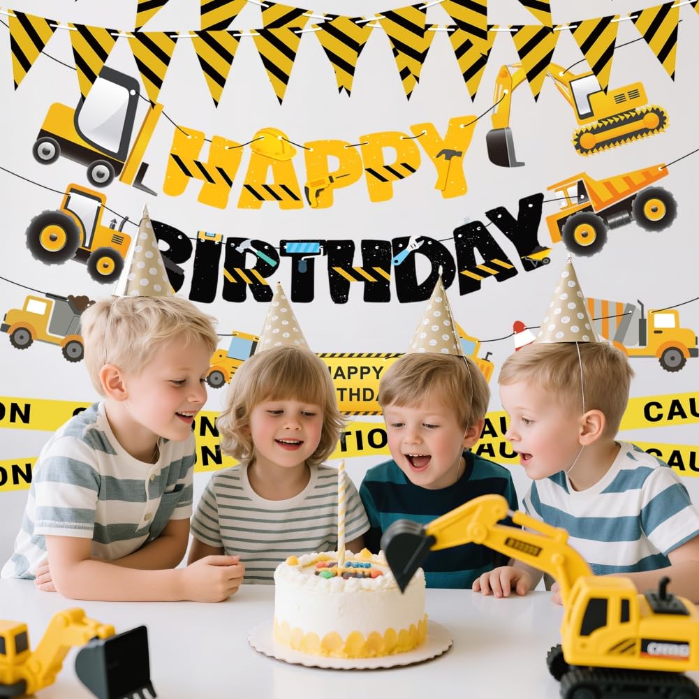 Construction Party Supplies Dump Truck Party Decorations Set with caution tape, construction pennant flags, Happy Birthday Banner, Vehicle Banner