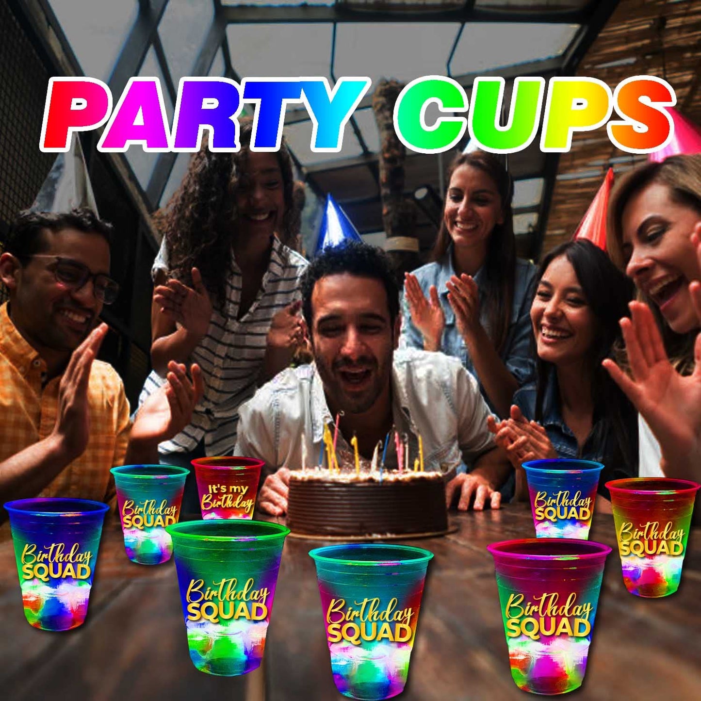 mishunyus 24 Pack Glow Birthday Squad Cups 16oz - Reusable Light Up Party Cups for Adult Birthdays 21st, 30th, 40th, 50th, 60th Theme Decorations