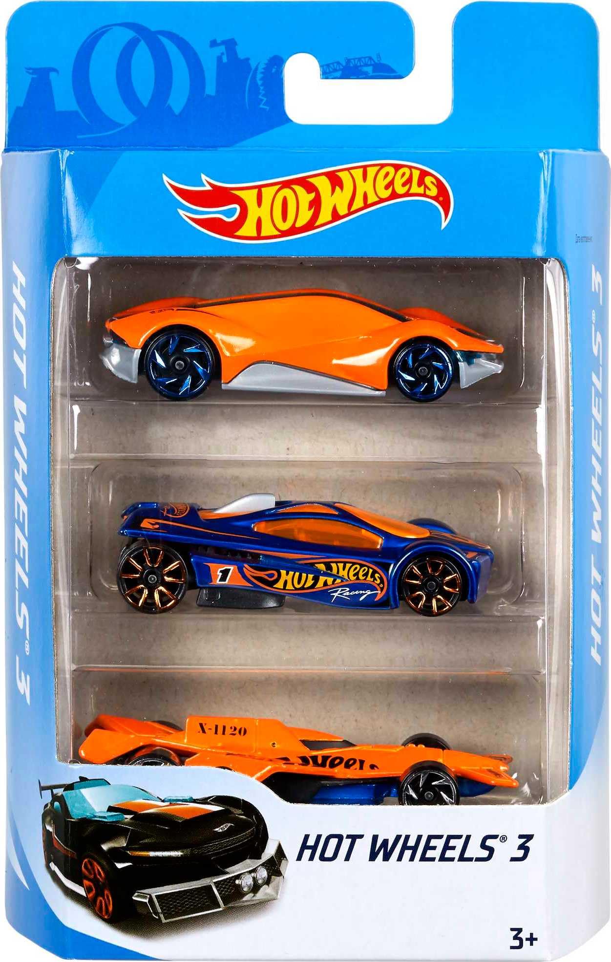 Hot Wheels 3 Car Pack, Multipack of 3 Vehicles, Instant Starter Set, Collection of 1:64 Scale Toy Sports Cars, Rolling Wheels, for Kids 3 Years & Up