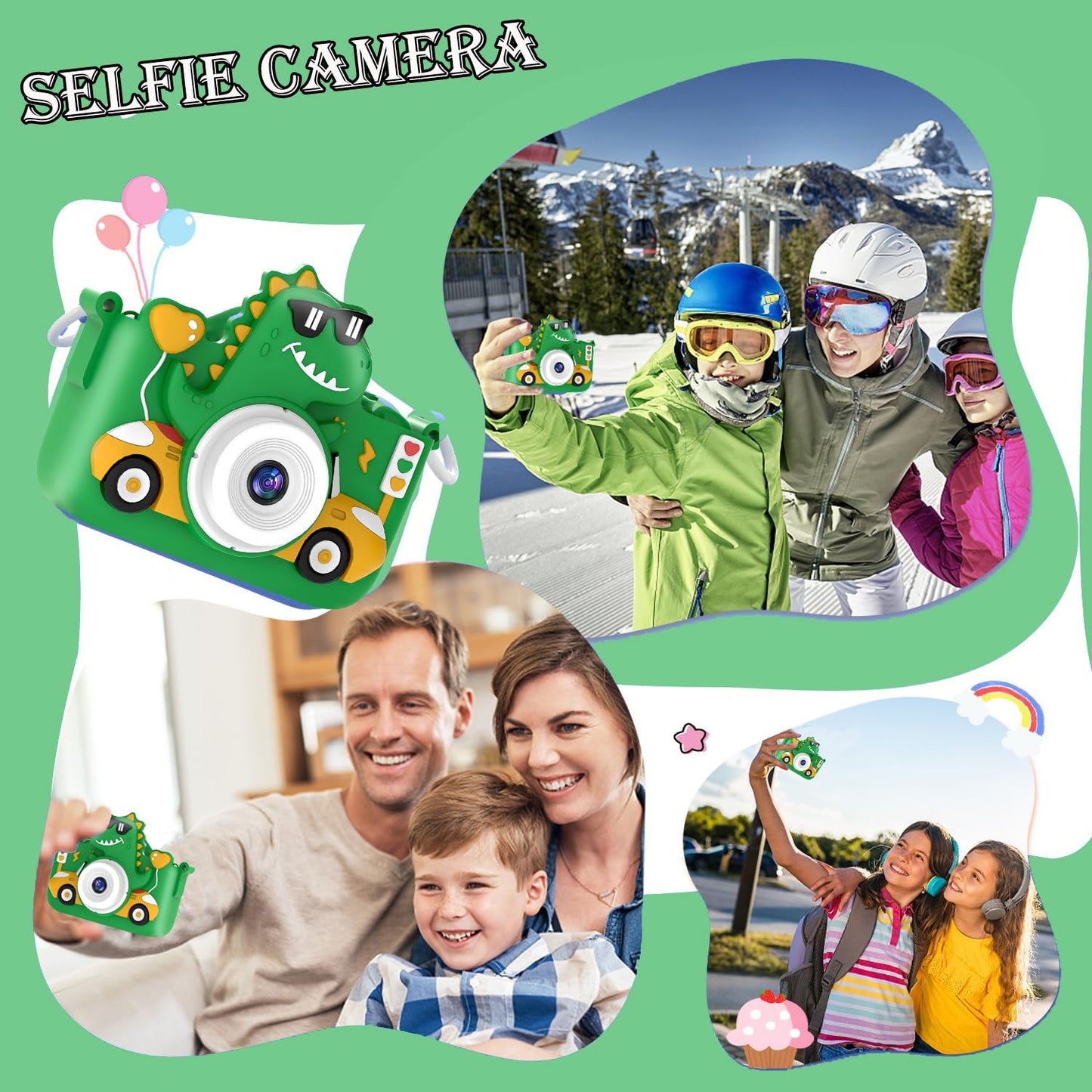 Kids Digital Camera, 1080P HD Video Camera for Toddlers with 32GB SD Card, Dinosaur Protective Case, Card Reader, Fun Selfie Toy Camera for Ages 3-12