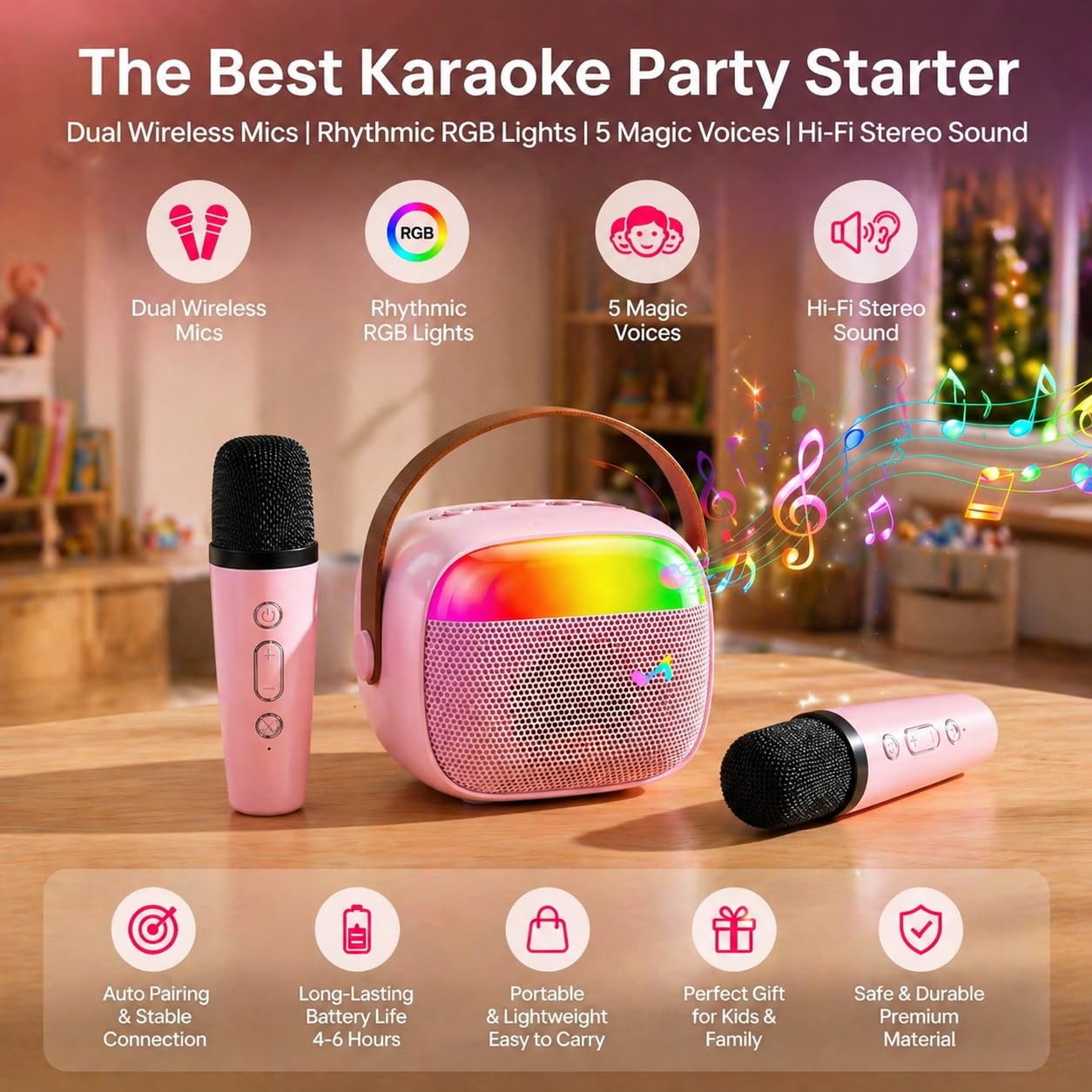 Kids Karaoke Machine for Girls, Mini Karaoke Machine for Kids with 2 Wireless Microphones & LED Lights,Kids Karaoke Set for Children Singing, Ideal