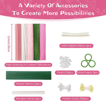 500PCS Pipe Cleaners Craft for Flower - 5 Assorted Colors Chenille Stems Pipe Cleaners Bulk 25sturdy floral stems, 200Stamens, Ribbon, Glue Sticks