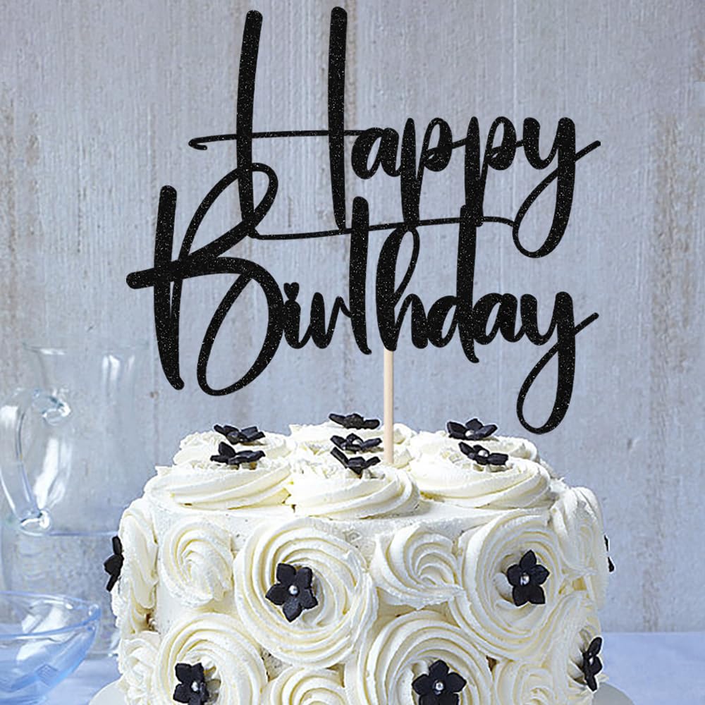 Happy Birthday Cake Topper,black Glitter Cake Pick Bunting Decor for Anniversary Birthday Party Cake Decorations Supplies