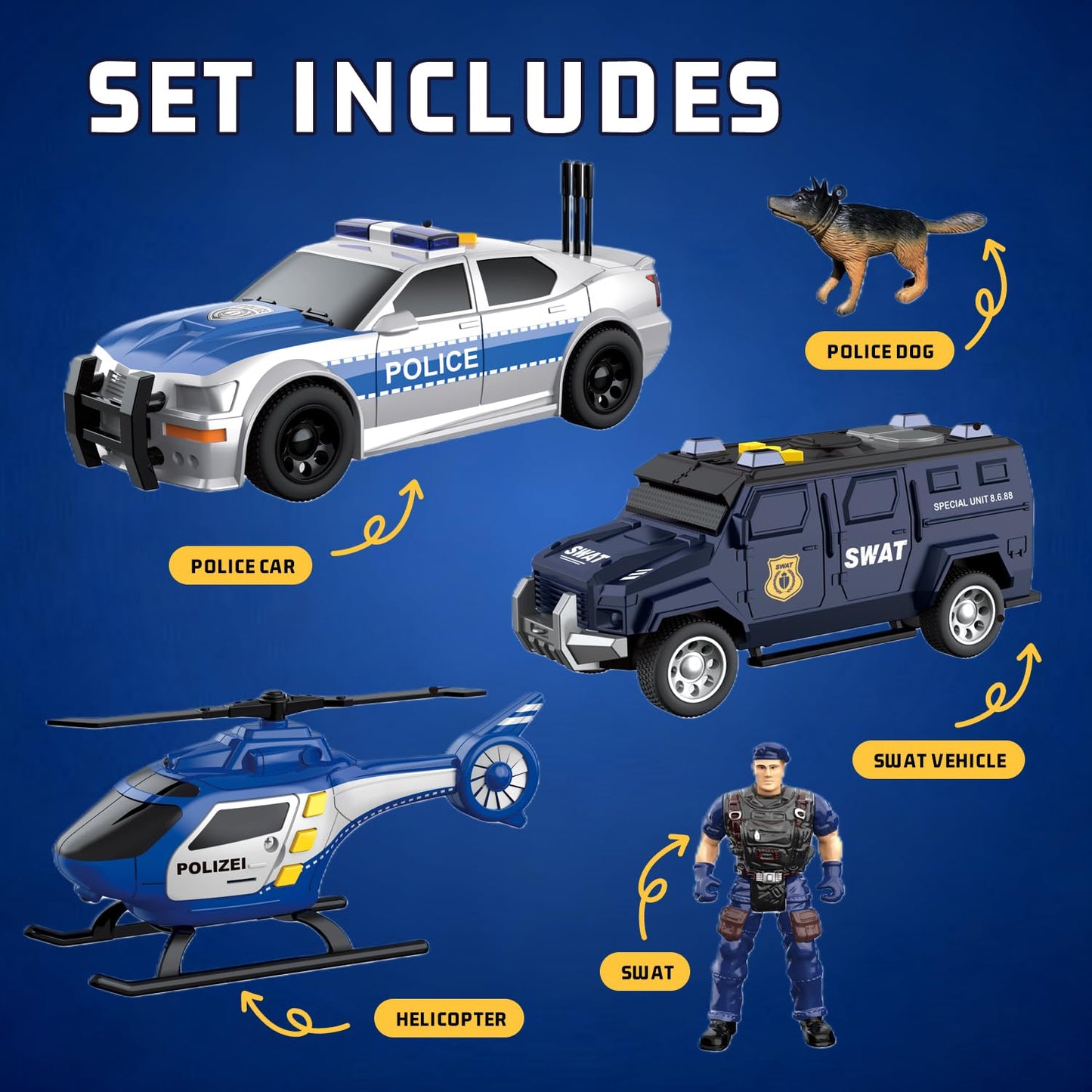 ToyFinity Police Car Toy Set | Cop Vehicle Toys for Kids | Cop Car, SWAT Armored Vehicle, Helicopter & Action Figures | 1:32 Model Scale Police Toys |