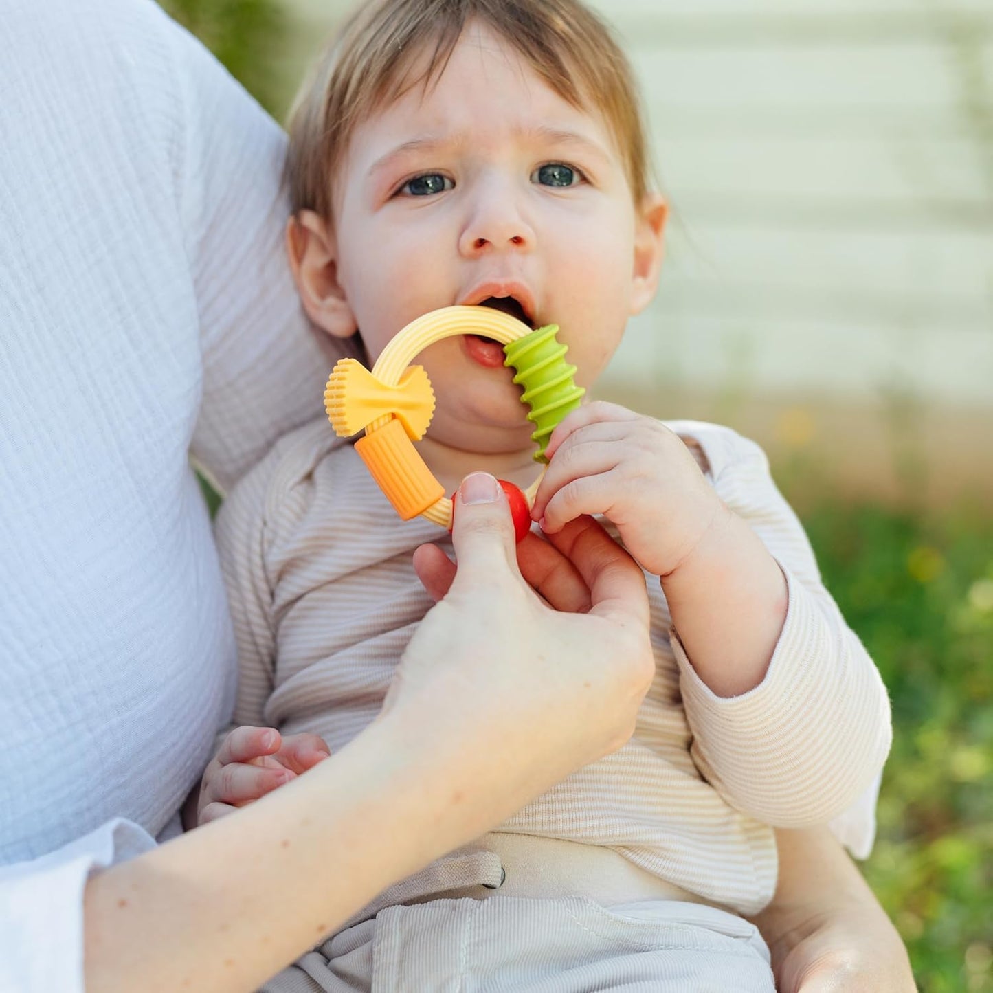 Nuby Pasta Ring Teether - 3+ Months - Soft, Silicone, Multi-Textured, Easy Grip Baby Teething Toy - Natural Teething Relief for Babies