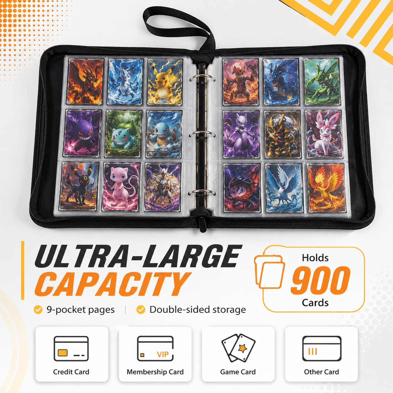 Universal 9-Pocket Trading Card Binder, 50 Pages for 900+ Pokemon Card binder - Eevee Pokedex Gengar Binder for Sports/Game Cards & Collectibles