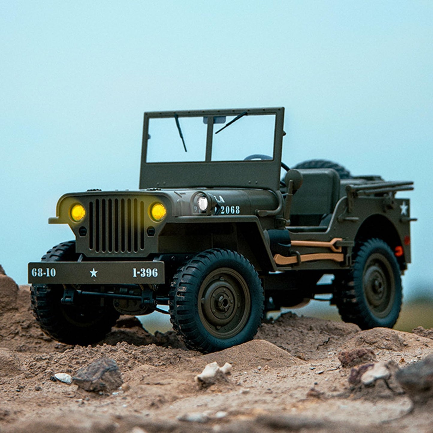 Hylukon RC Crawler, 1:10 Scales Upgraded Willys Military Jeep with Linked Lights Winch & Canvas Cover, 2.4Ghz 4WD Off Road RC Car, All Terrain