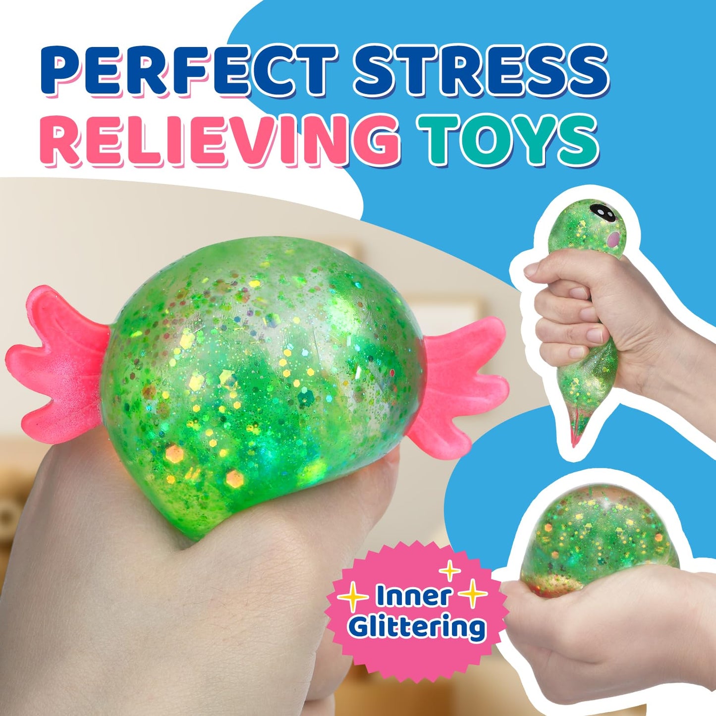 8 Pack Slow Rising Stress Ball, Cute Axolotl Stretchy Fidget Toys for Kids Adults, Slow Rebound Squeeze Balls for Hand Tactile Play, Ideal for