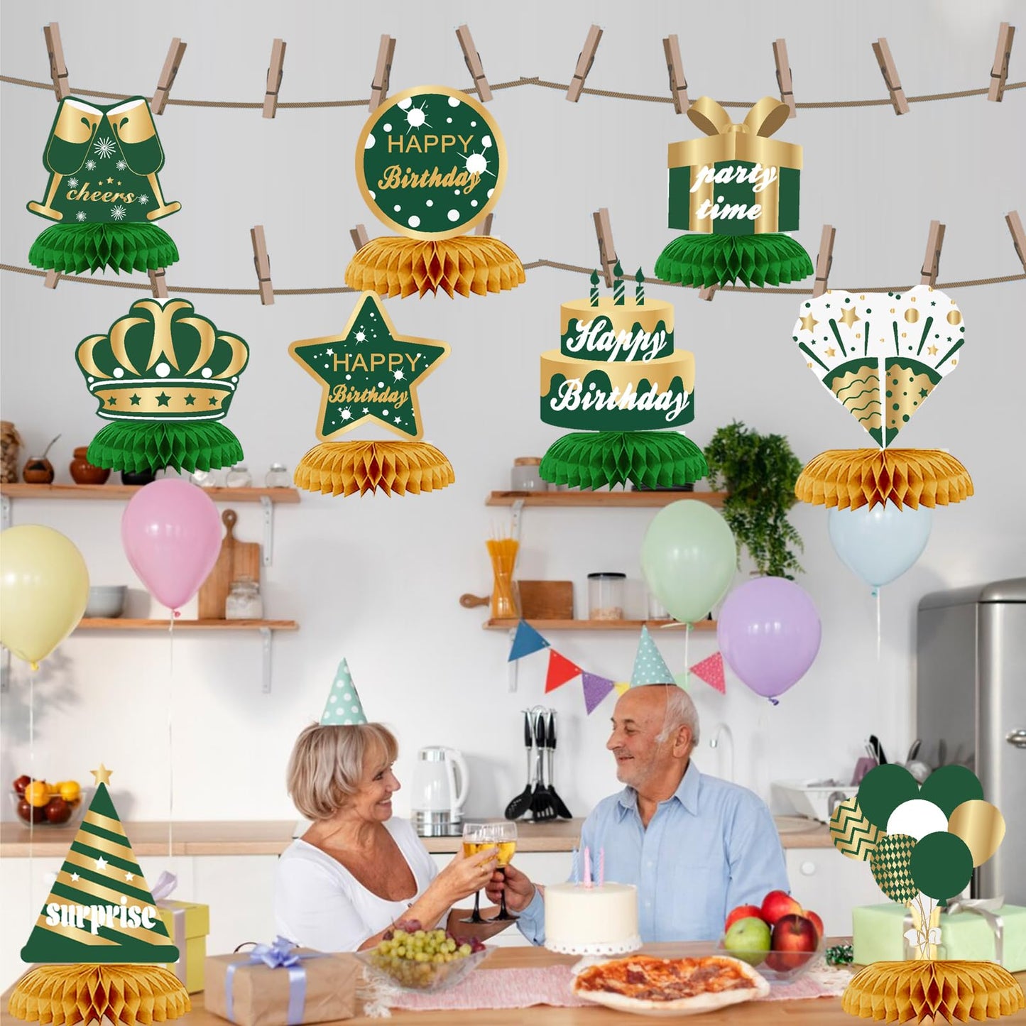 WINPOGEE 9PCS Green Gold Birthday Decorations Honeycomb Centerpieces for Women Men Green Gold Happy Birthday Table Centerpieces Party Supplies 16th