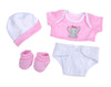 JC Toys Baby Girl 4-Piece Layette Set with Elephant Design, Pink and White, Includes T-Shirt, Cap, Booties and Diaper Made for Dolls 12"-14" Long