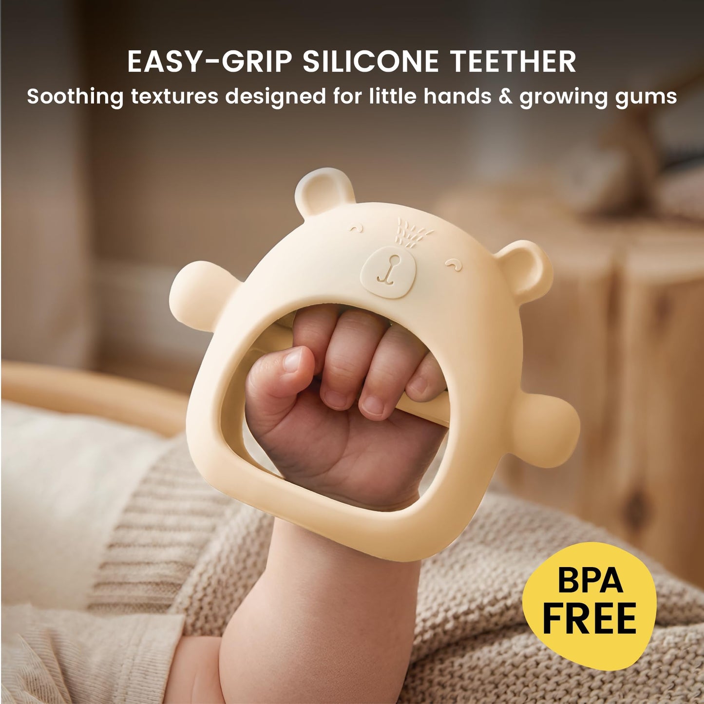 Lulyboo Silicone Teething Baby Bear, Soft and Durable Easy Grip Teether, Self Soothing Pain Relief for Teething, 0-12 Months (Ivory)