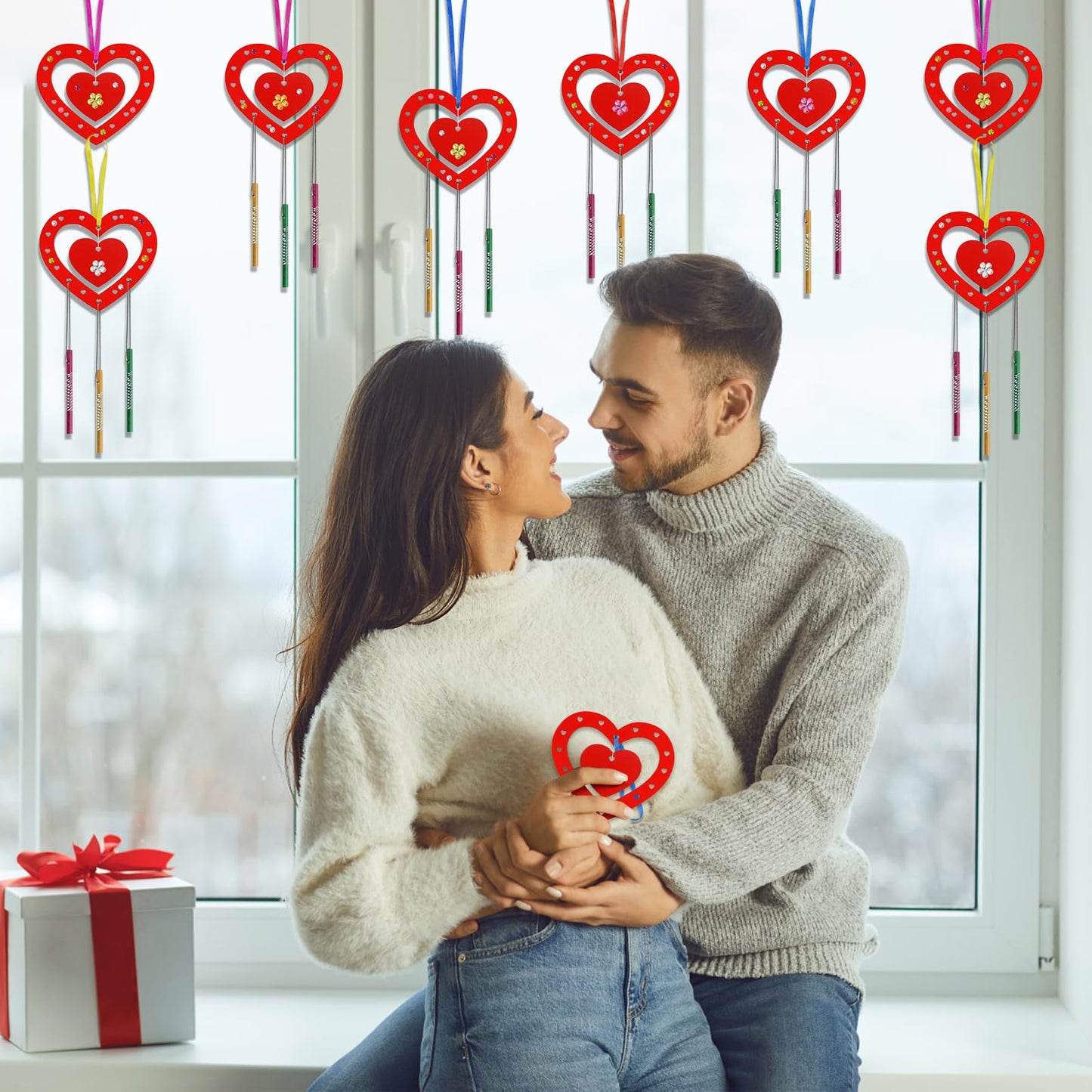 HONMOK 9 Pack for Him Her, DIY Red Love Heart Wooden Wind Chimes, Couples Art & Craft Kit for Boyfriend Girlfriend Wife Husband Valentine's Day