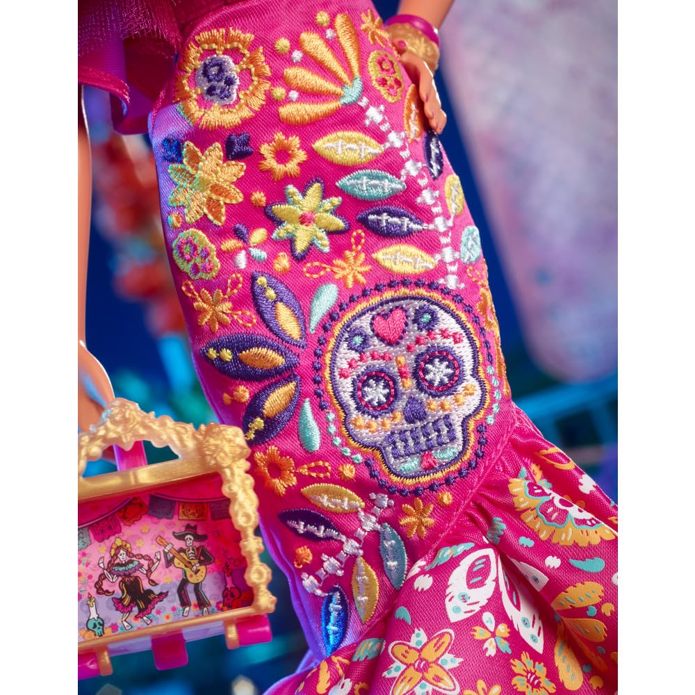 Barbie Signature Fashion Doll, 2023 Dia de Muertos Collectible Wearing Ruffled Pink Gown & Holding Tiny Ofrenda, Includes Doll Stand