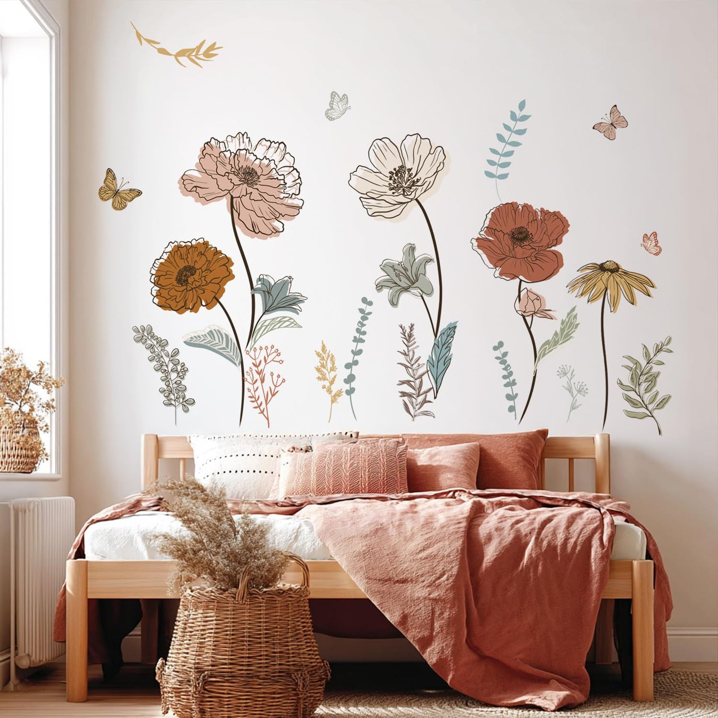 Large Boho Flower Wall Decals, Floral Grass and Butterfly Wall Stickers for Bedroom Living Room Decor Gifts for Mom
