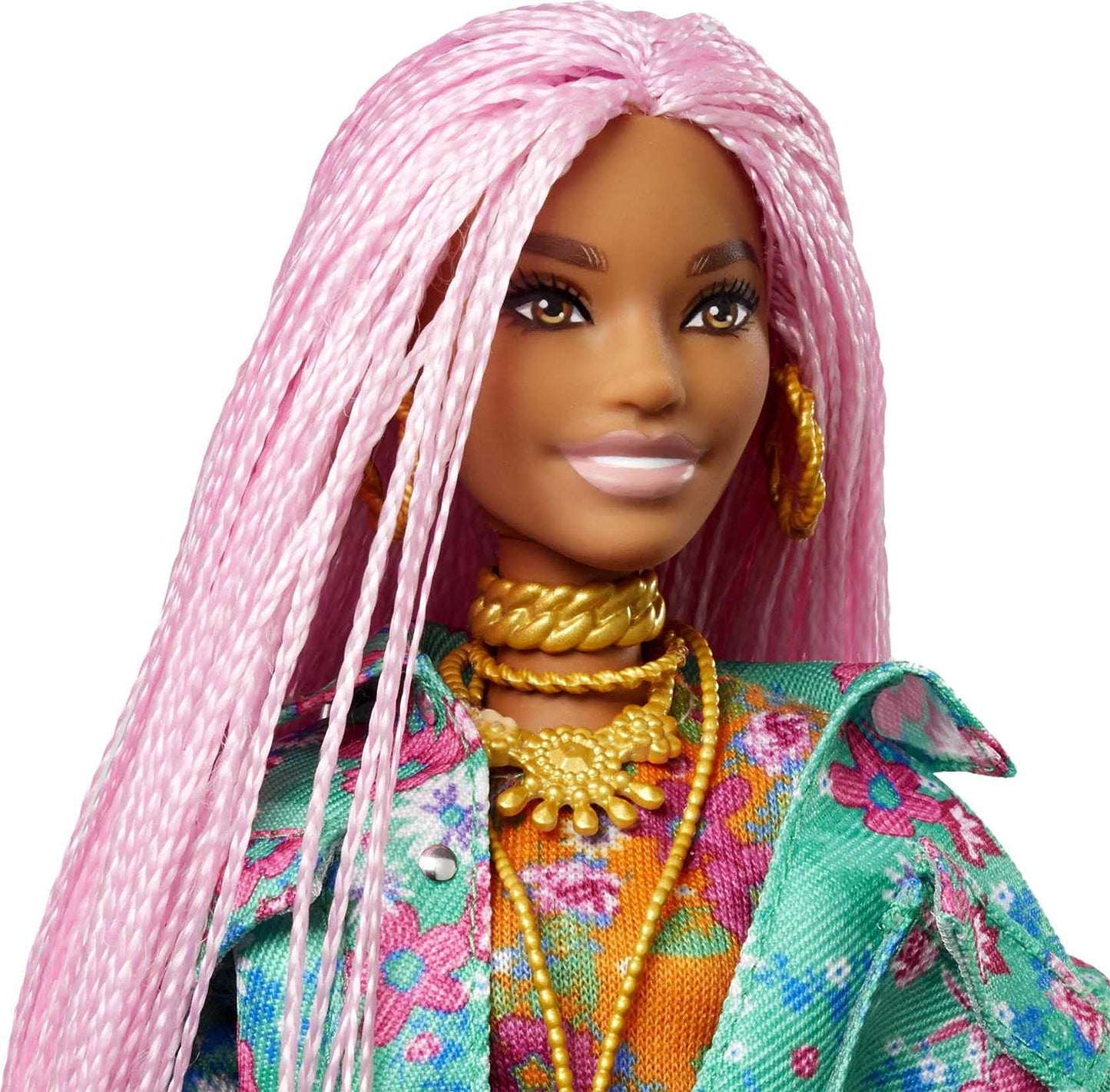 Barbie Extra Doll & Accessories with Long Pink Braids in Teal Floral Jacket & 2-Piece Floral Outfit with DJ Pet Mouse
