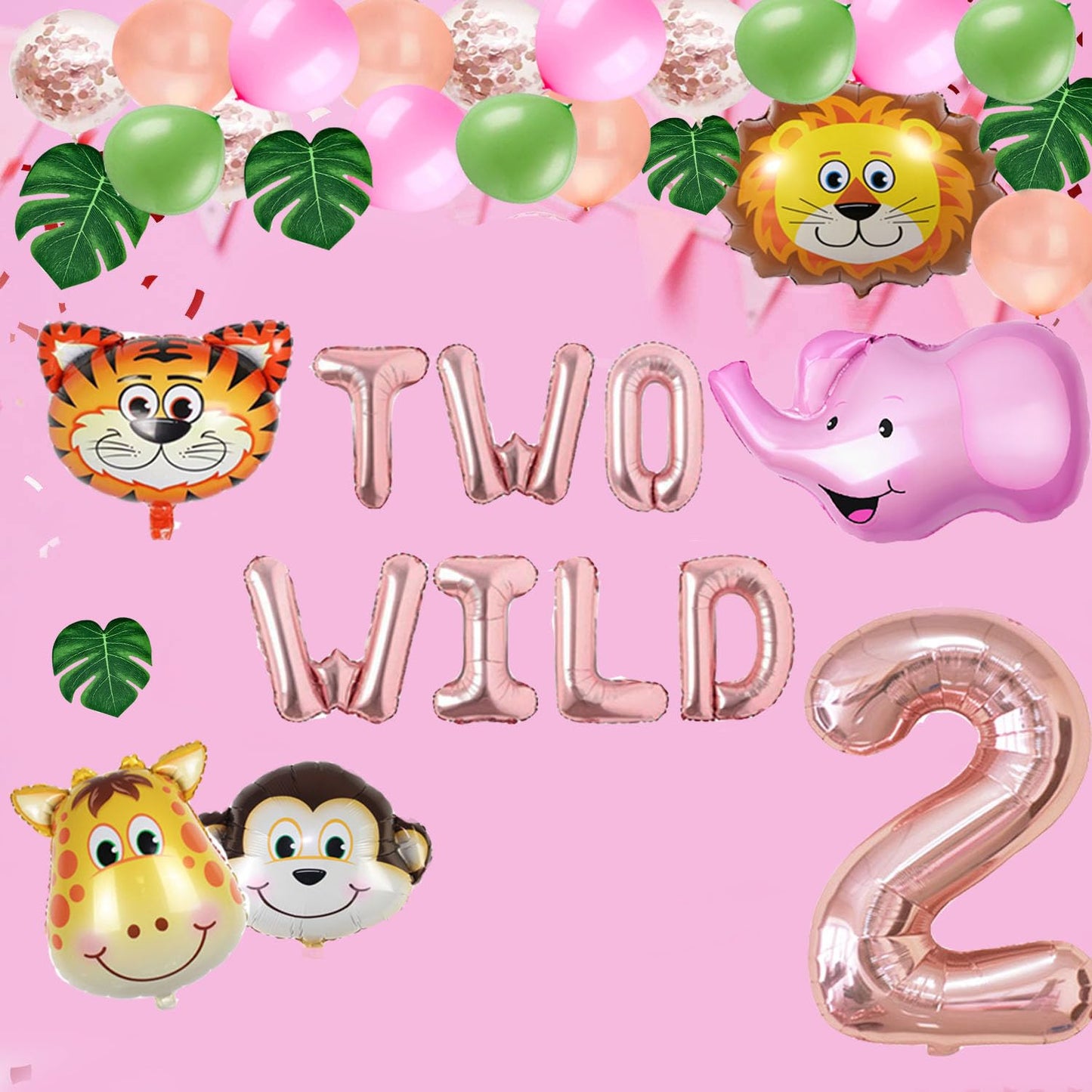 Two Wild Birthday Decoration Set Jungle Balloons for Girls 2nd Birthday