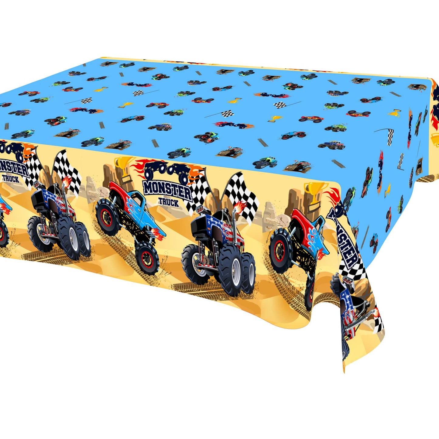 3 Pack Truck Party Tablecloth, Monster Machine Truck Table Cover Checkered Flag Tablecloth for Birthday Party Decorations Supplies, 86.6*51.2 inches11