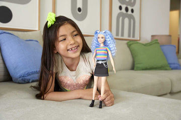 Barbie Fashionistas Doll with Long Blue Crimped Hair, Star Face Makeup, Multi-Color Striped Tee, Denim Skirt, Black Boots & Silvery Chain Belt, Toy
