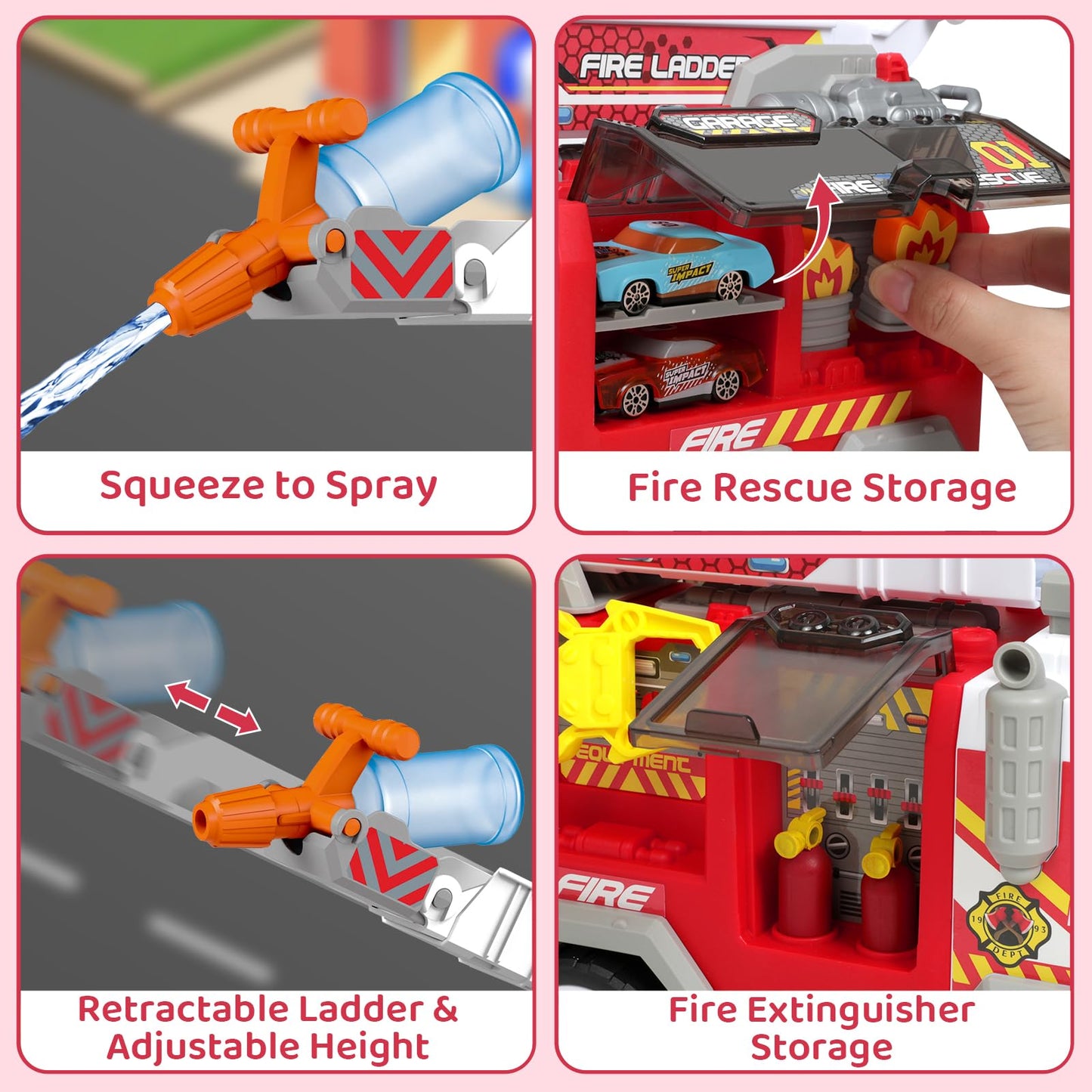 Big Fire Trucks for Toddlers 3 4 5 6 7 with 2PCS Ejecting Race Cars 18-Inch Ladder Lights Sprinkler Pump & Water Shooting Big Emergency Vehicle
