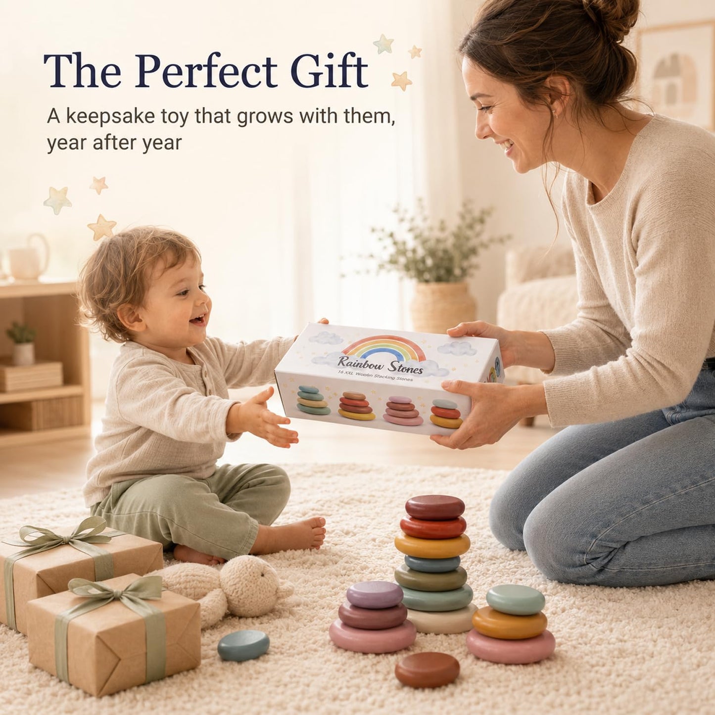 Rainbow Stones Wooden Stacking Rocks for kids 2-4, 16 PCS Montessori Waldorf Toys for 3 4 5 6 Year Old, Balancing Stones, Stacking Building Blocks