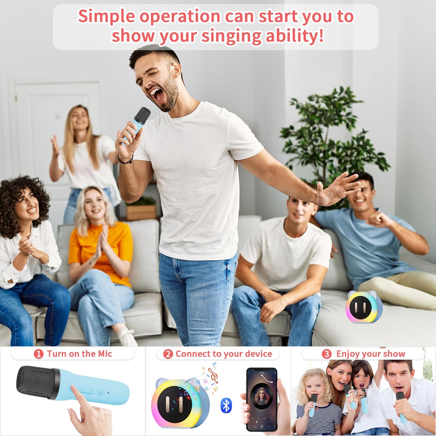 Mini Karaoke Machine for Kids Adults?Portable Karaoke Speaker with 2 Wireless Microphones?Toys Birthday for Girls 4,5,6,7,8,9,10,11,12+ Years (Blue)