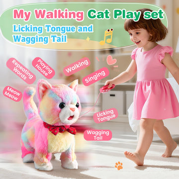Colorful Leash Walking Cat for Girls Set Toy Interactive Talking Singing Cat Kids Remote Control Walking Kitten Dancing Kitten Mimicking Robotic Kitty