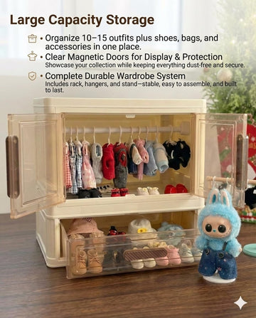 All in One Organize Kits Wardrobe Compatible with Labubu, Include Hangers,Clothes Rack &Stand, Display Case for Outfit Storage and Accessories Arts