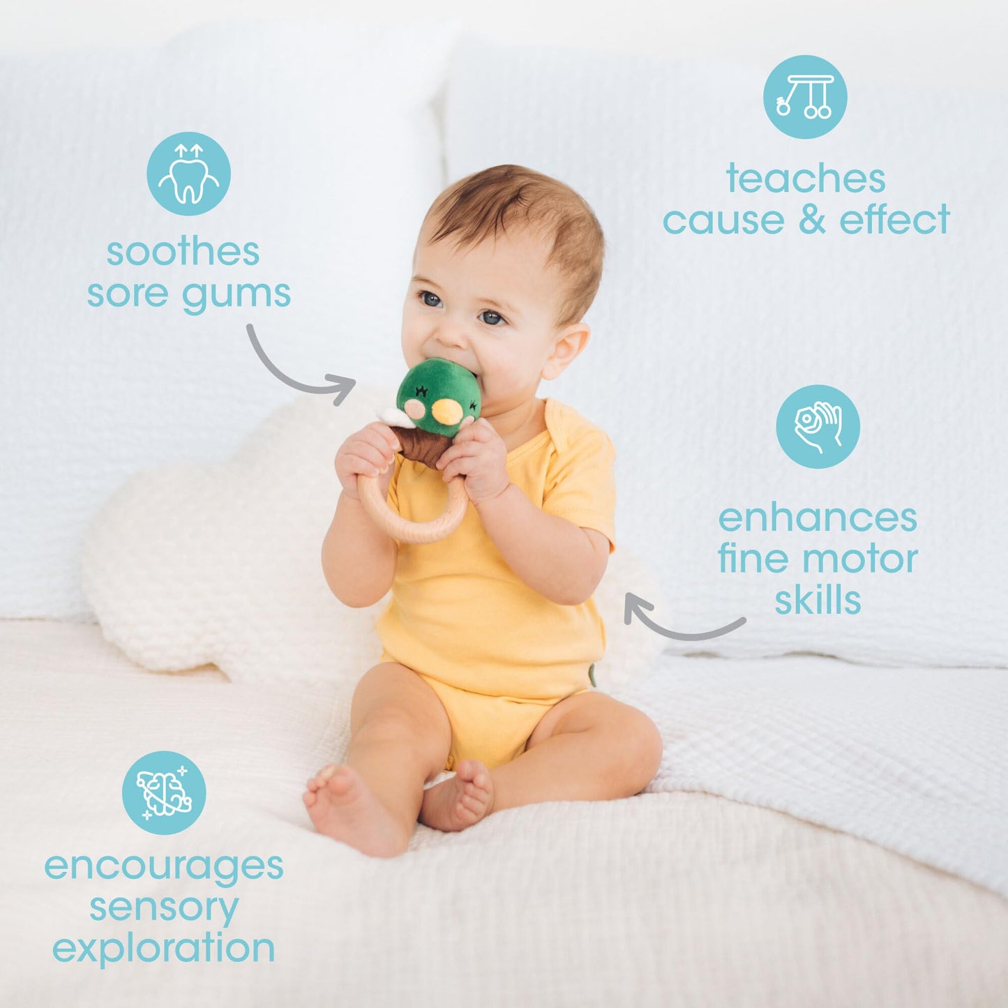 Pearhead Mallard Duck Wooden Baby Teether - Soft Plush Lovey with Natural Wood Rattle Ring, BPA & PVC-Free, Soothes Infant Gums, Multi-Sensory Newborn