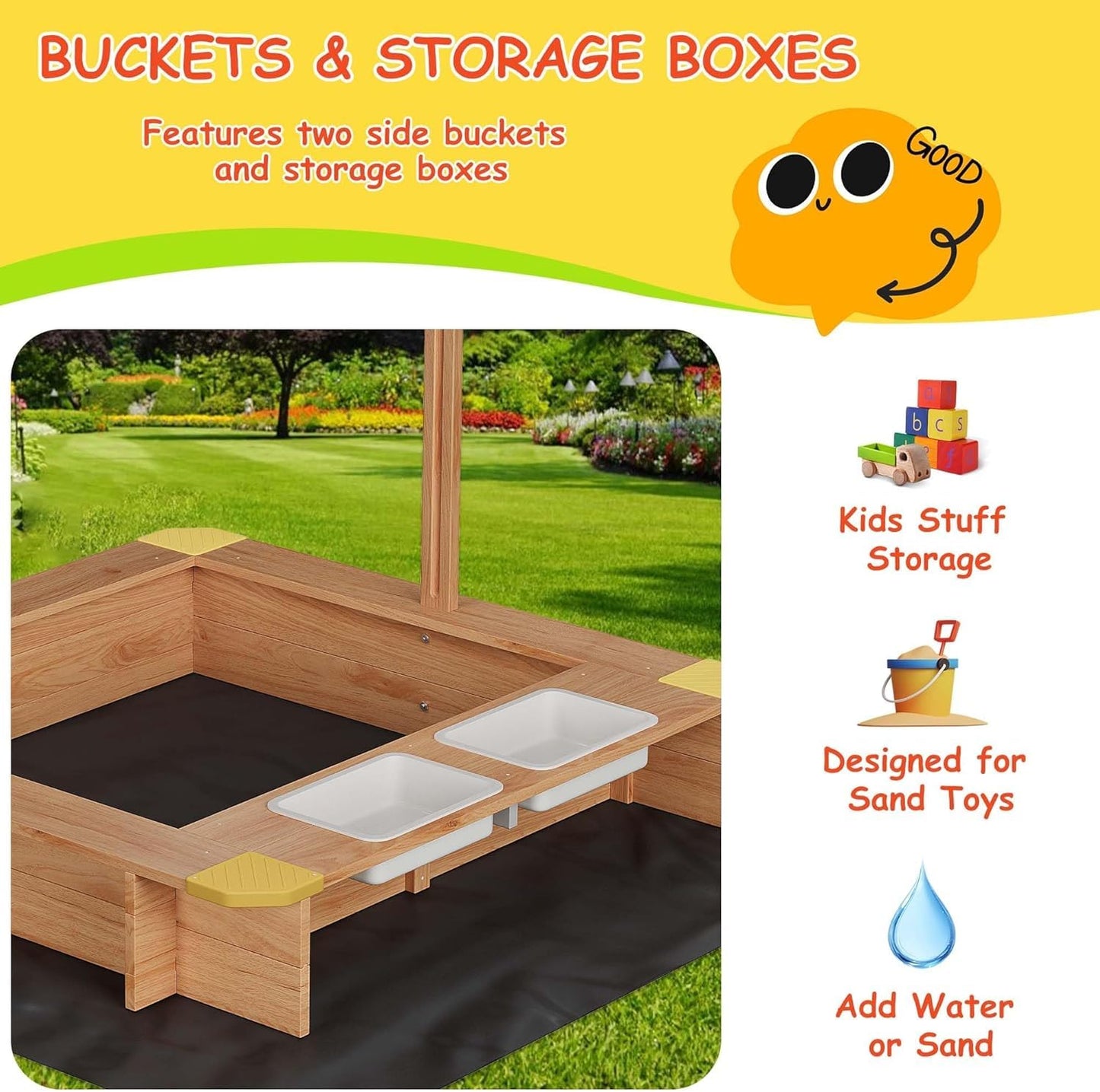 Sunvasagoo Sandbox with Lid, Kids Sandbox with 2 Plastic Boxes, Kids Outdoor Play Equipment, UV-Resistant & Adjustable Height Roof for Beach, Patio