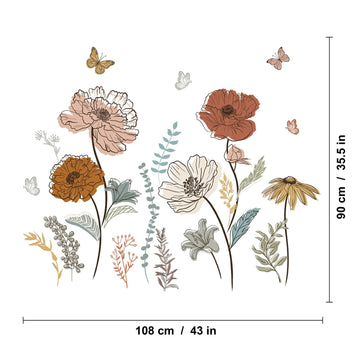 Large Boho Flower Wall Decals, Floral Grass and Butterfly Wall Stickers for Bedroom Living Room Decor Gifts for Mom