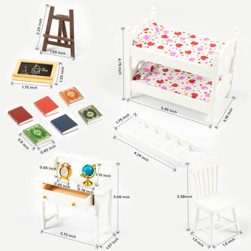 SAMCAMI Miniature Dollhouse Furniture 1 12 Scale - Wooden Dollhouse Bed Set - Doll House Furniture Toys Incl Doll Bed, Desk, Books, blackboards
