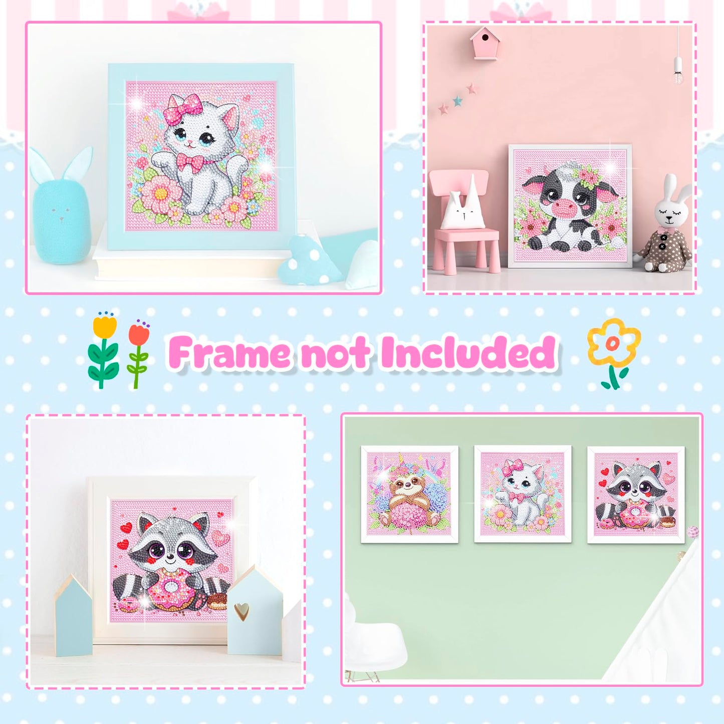 Diamond Art Kits for Kids, 4 Pieces Cartoon Animals Diamond Painting Kits for Adults Beginner, 5D Full Round Drill Gem Art Arts and Crafts for Kid