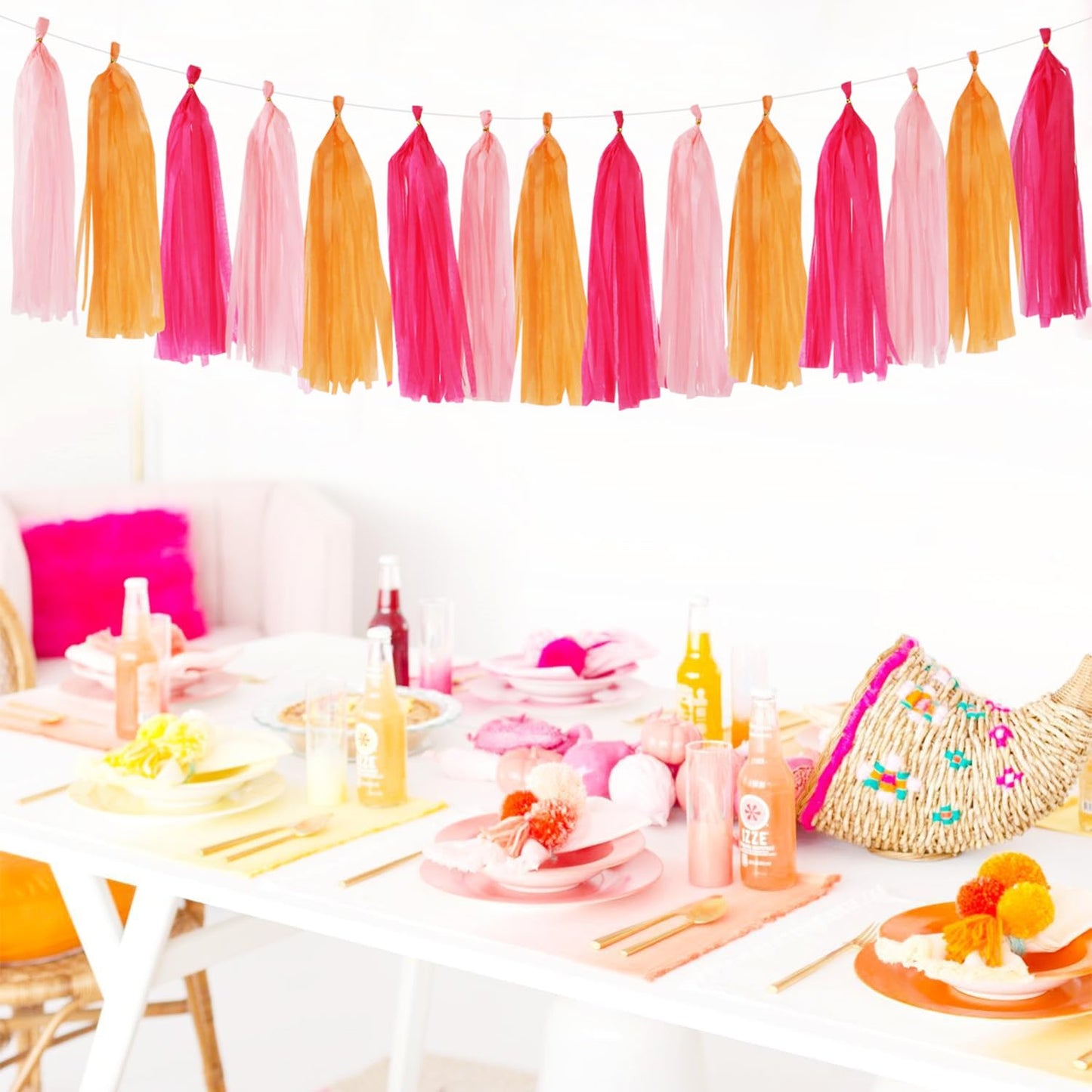 Hot-Pink Orange Fall Party-Decorations Tassel-Garland - 15pcs Groovy Baby-Shower Birthday Wedding Bridal Tassel, Autumn Thanksgiving Banner Streamers