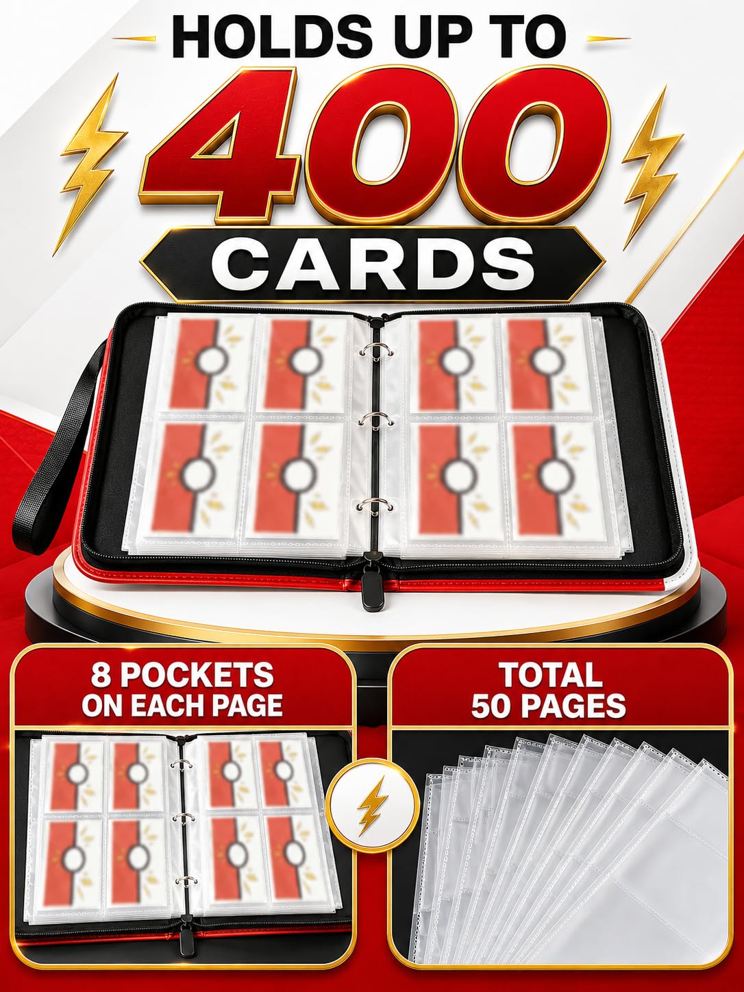 Collectible Trading Card Binder, 400 Pockets Card Holder with 50 Removable Sleeves, Portable Collection Binder Album Book Case Storage, Zipper Card
