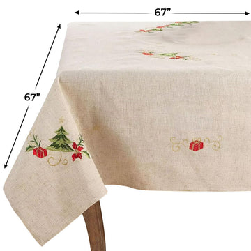 SARO LIFESTYLE Embroidered Christmas Tree Design Linen Blend Tablecloth, Natural, 67" x 67"