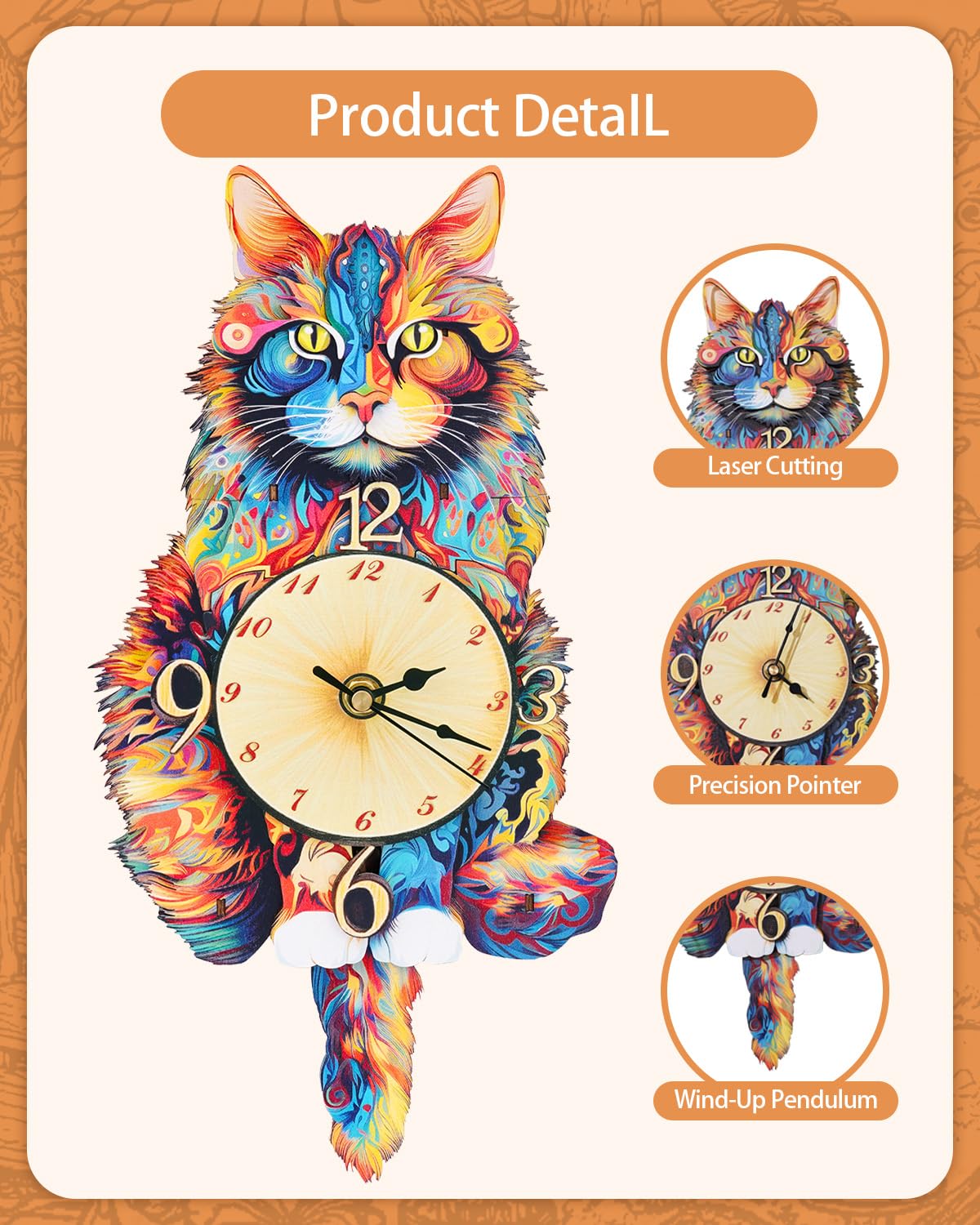 Rnfinewow 3D Wooden Puzzles for Adults, Maine Coon Cat Clock DIY Kit, Beginner 22 Pcs Wooden Puzzles, Birthday Christmas for Women Men Adults Teens