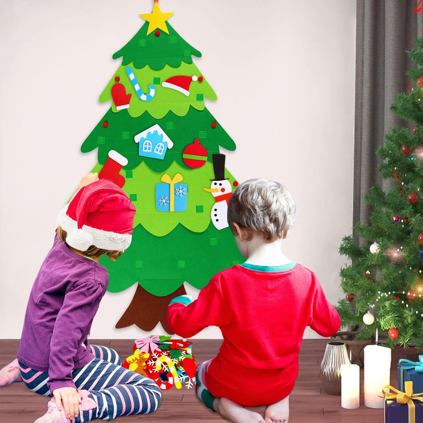 DIY Felt Christmas Tree with 32 Pcs Detachable Ornaments 1 LED String Light