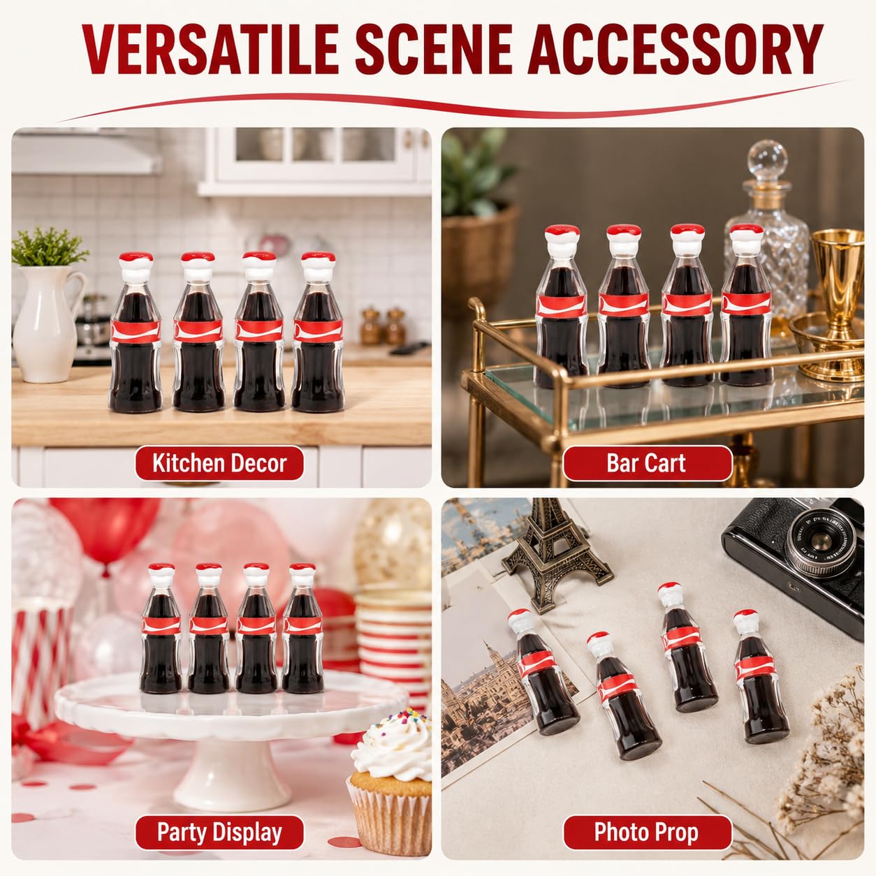 4Pcs Miniature Soda Bottles, 1:12 Scale Accessories, Suitable for Party Decorations