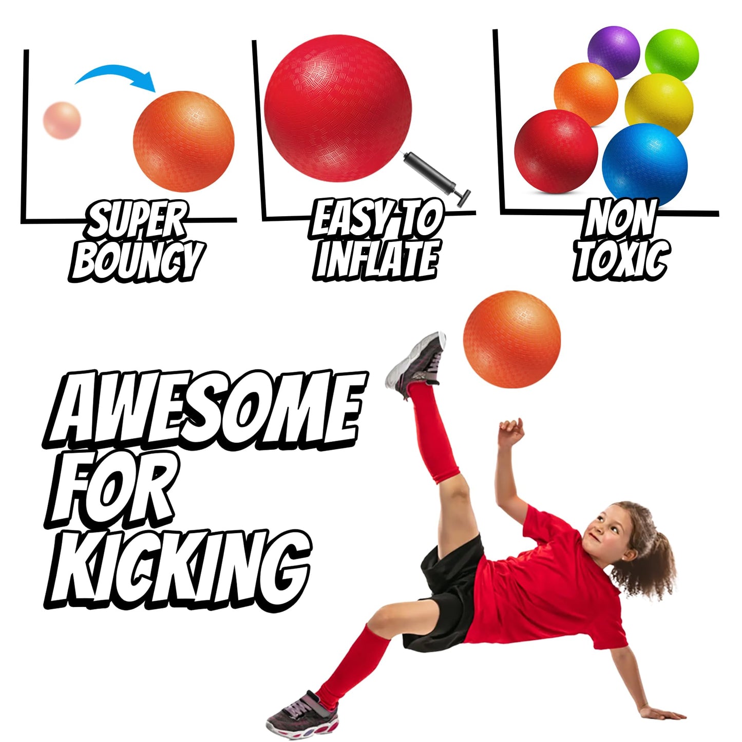 10-Inch Kickballs for Kids & Adults (6-Pack) W/Hand Pump Playground Balls