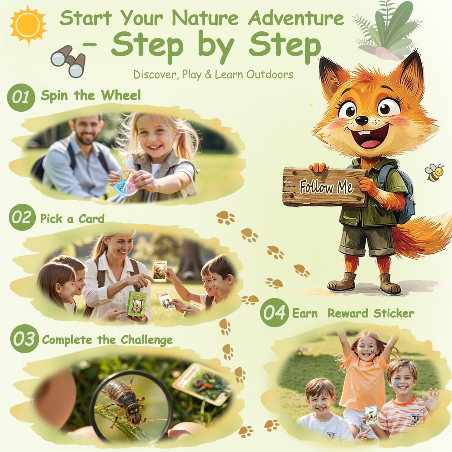 printara Kids Nature Scavenger Hunt - Outdoor Game for Kids | Laminated Waterproof, Wipe-Clean | 55 Cards, 5 Themes, Spinner & Stickers, Soft-Touch |
