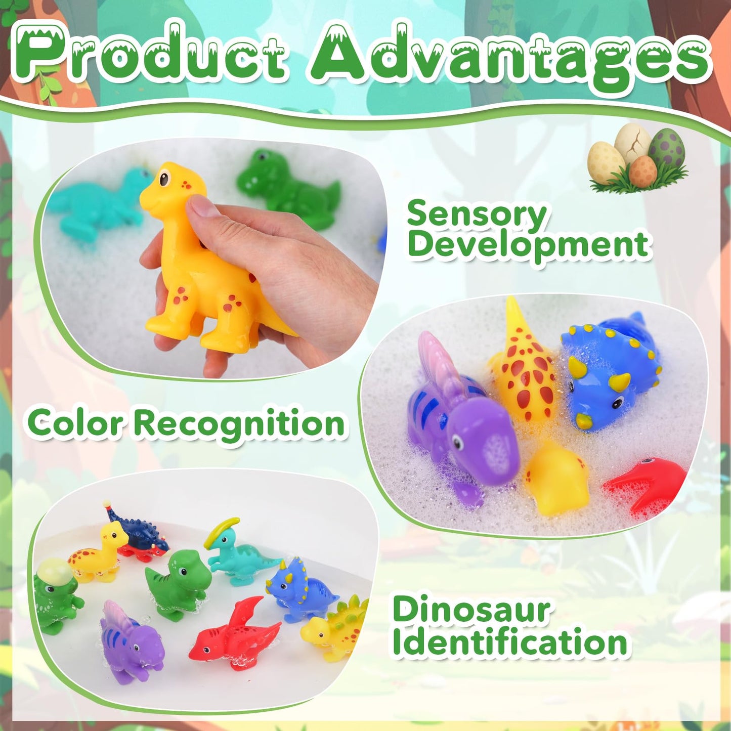 9PCS Dinosaur Bath Toys for Kids, Soft Mold Free Bath Toys