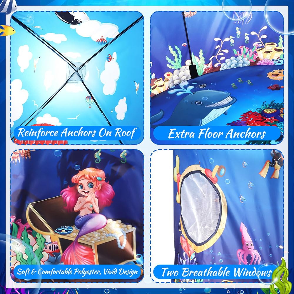 KIRKJUFELL Premium Under The Sea Kids Tent, Ocean Mermaid Play Tent for Kids as Gifts, Pop Up Princess Castle for Boys & Girls as Chirldren Playhouse