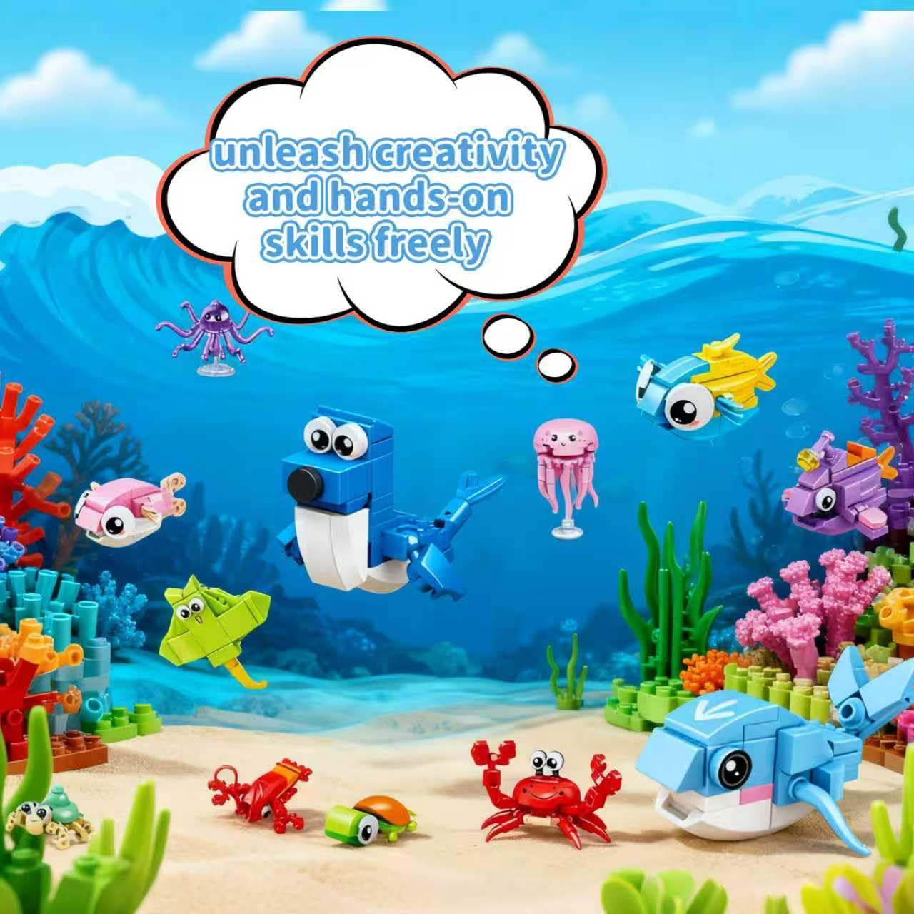 Easter Basket Stuffers Marine Animal Building Blocks Set, 12 in 1 Ocean Creatures Shark Fidget Toys, Party Favors for Kids, Classroom Birthday Gifts