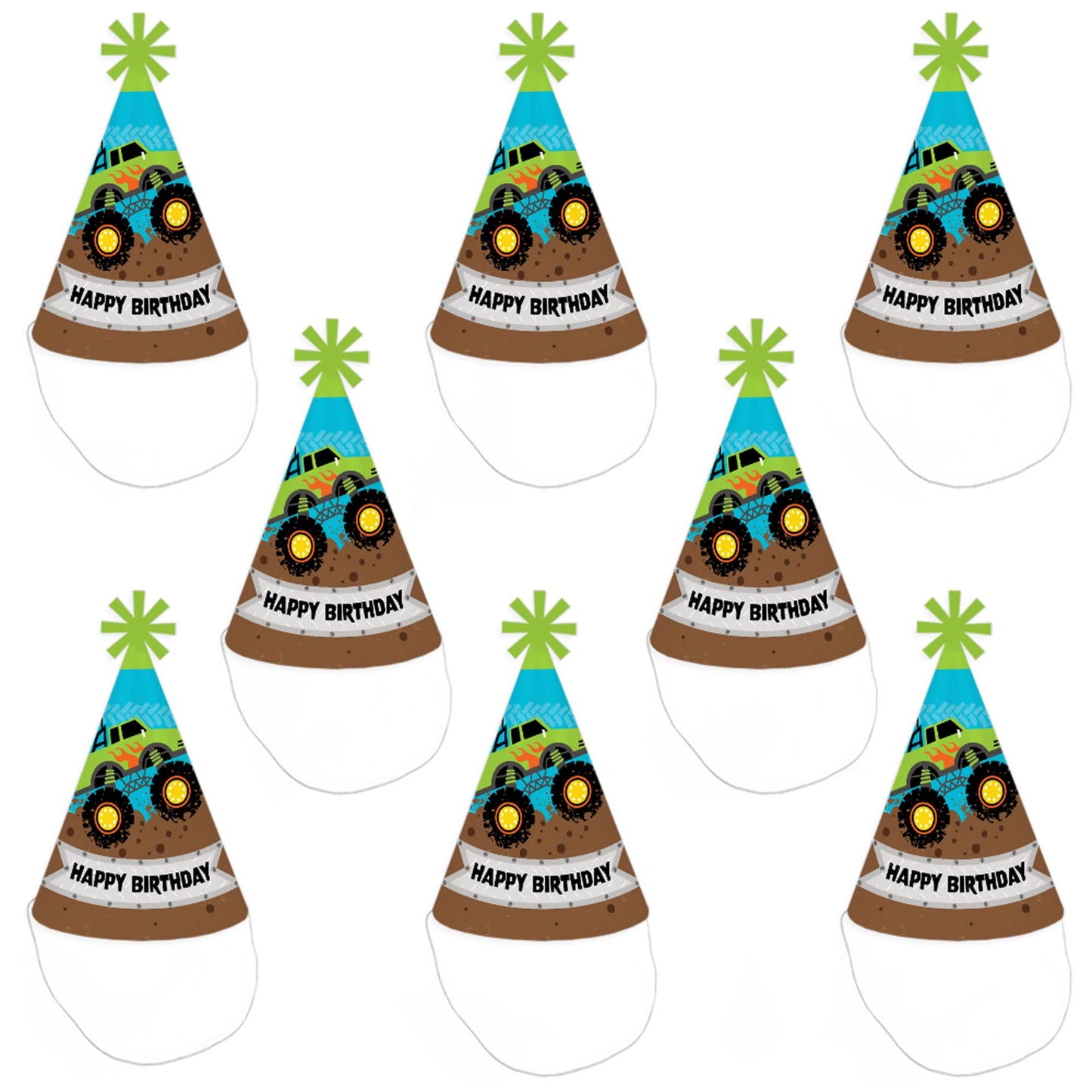 Big Dot of Happiness Smash and Crash - Monster Truck - Cone Happy Birthday Party Hats for Kids and Adults - Set of 8