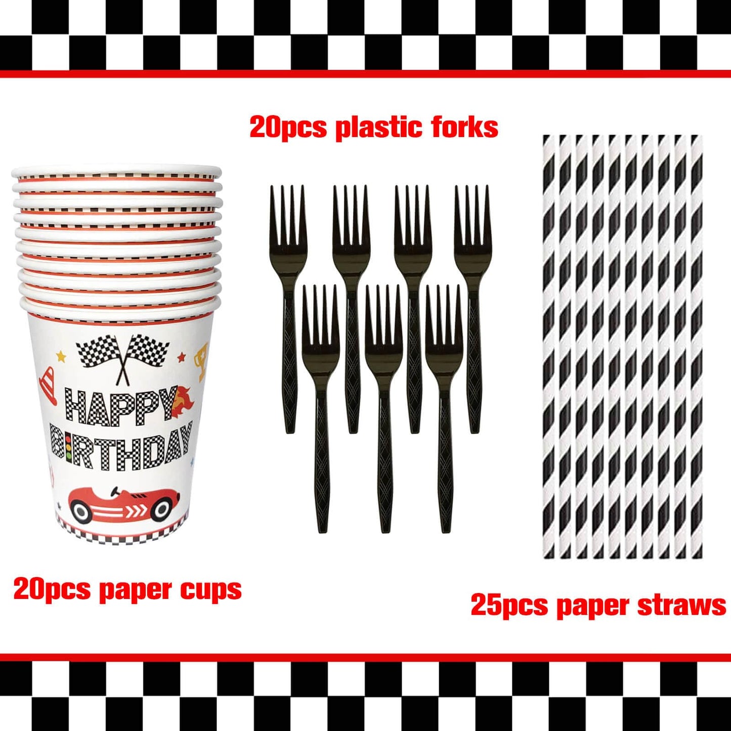 126pcs Race Car 1st Birthday Party Plates - Black and White Checkered Fast One Dessert Plates Napkins Straws Paper Cups Racing Tablecloth for Baby