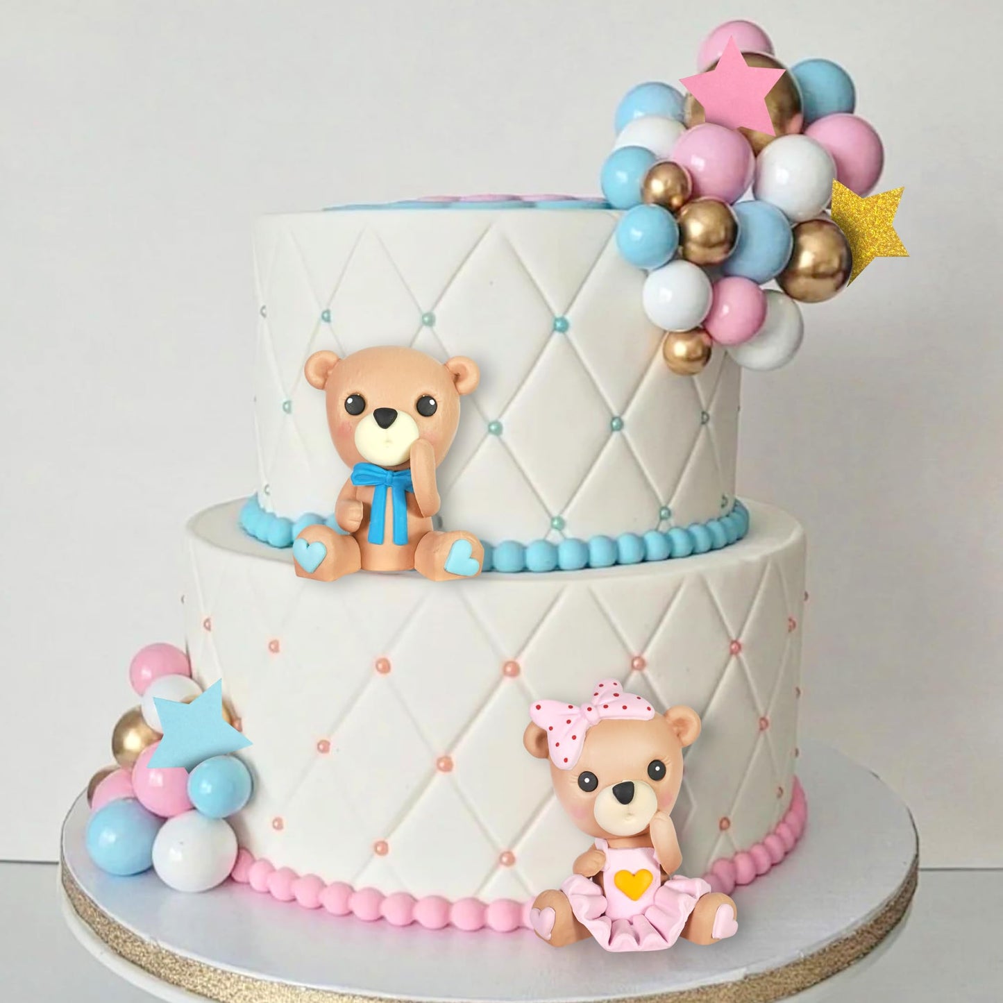Bear Cake Toppers Pink Blue Bear Figurine Cake Decorations Pearl Balls for Gender Reveal Birthday Bear Theme Supplies (01)
