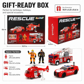 Fire Rescue Toy Set for Kids Ages 3+ - Friction Powered Fire Truck, Rescue Helicopter, Fire Chef Car & 2 Firefighter Figures with Lights & Sounds
